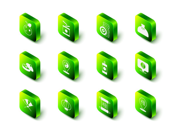 集中国鼓，人民币，饺子，阴阳符号，新年，烟花，和纸灯笼图标。向量图片下载