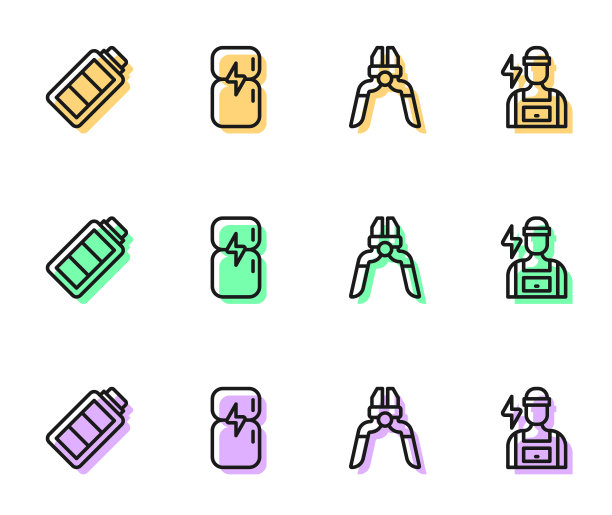 设置线钳子工具，电池充电，冰箱和电工图标。向量图片下载