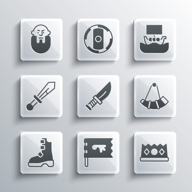 集维京人的旗帜，国王王冠，狩猎号角，匕首，古代维京靴子，中世纪的剑，头和船德拉卡图标。向量图片下载