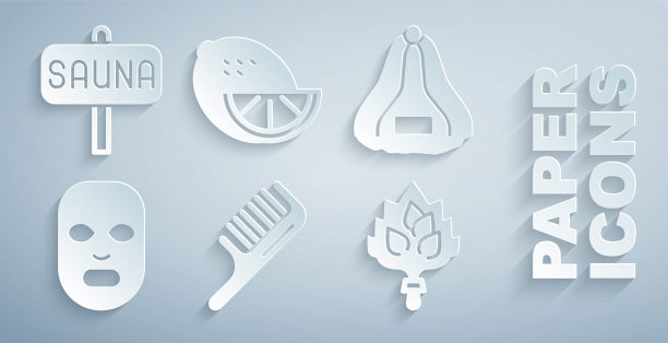 套装发刷，桑拿帽，面部美容面膜，扫帚，柠檬和图标。向量图片下载