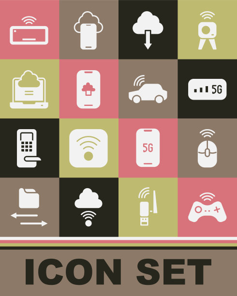 设置无线手柄、电脑鼠标、5G无线上网、云下载、技术数据、网络云连接、电脑键盘、智能汽车系统图标。向量图片下载