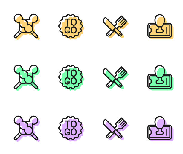 交叉的刀叉，木棒上的肉丸，咖啡杯和订餐手机图标。向量图片下载