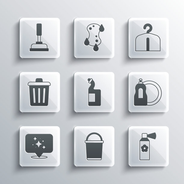 集桶，空气清新剂喷雾瓶，洗洁精，家庭清洁服务，垃圾桶，橡胶柱塞和衣架衣柜图标。向量图片下载