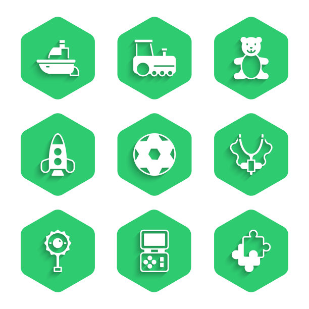 集足球足球，俄罗斯方块电子游戏，拼图片玩具，弹弓，拨浪鼓婴儿，火箭船，泰迪熊毛绒玩具和玩具船图标。向量图片下载