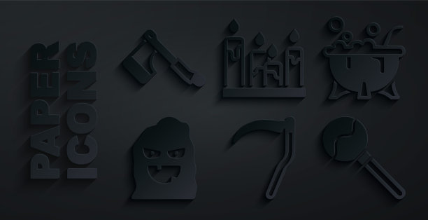 集镰刀，万圣节女巫大锅，有趣和可怕的鬼面具，棒棒糖，燃烧的蜡烛和木斧图标。向量图片下载