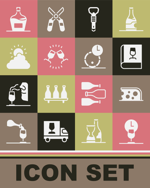 设置葡萄酒时间，奶酪，关于葡萄酒的书，开瓶器，品尝，品尝，太阳和云天气，旧瓶和木桶的图标。向量图片下载