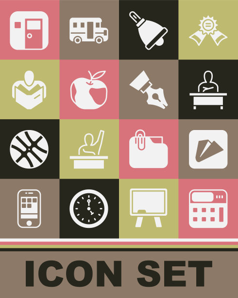 集计算器，纸飞机，小学生坐桌，铃声，苹果，男人读书，教室和钢笔笔尖图标。向量图片下载