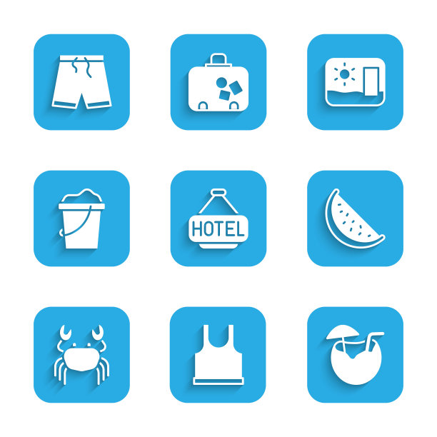 设置标牌与文字酒店，无袖t恤，椰子鸡尾酒，西瓜，螃蟹，沙子在桶，旅游明信片和泳裤图标。向量图片下载