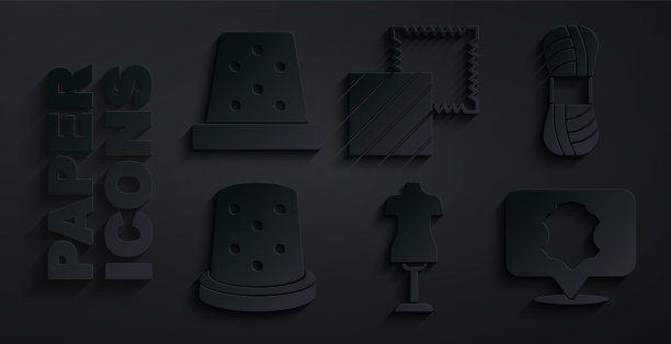 集人体模型，纱线，缝纫顶针，皮革，纺织织物卷和图标。向量图片下载