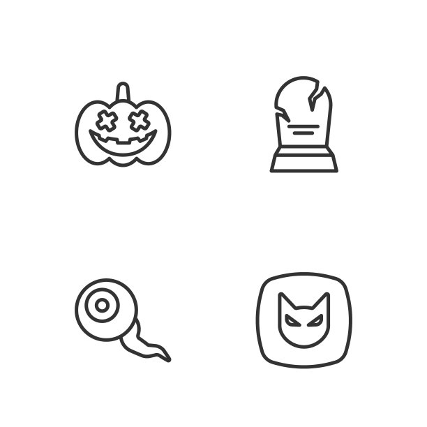 设置线黑猫，眼睛，南瓜和墓碑与RIP写的图标。向量图片下载