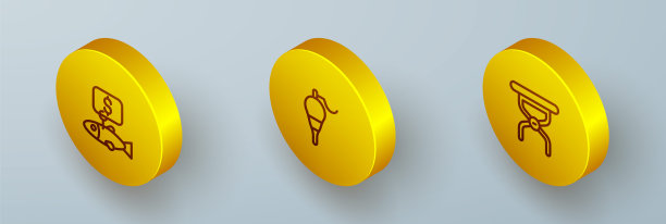 设置等距线价格标签的鱼，钓鱼浮子和露营折叠椅图标。向量图片下载