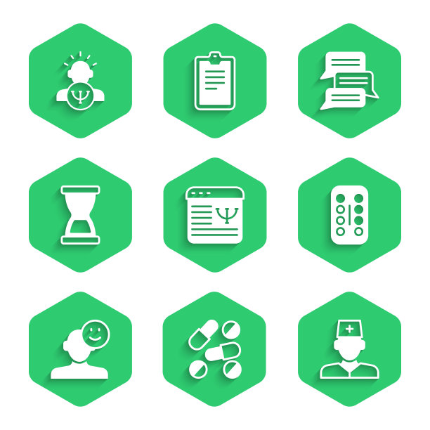 在线心理咨询、药丸或药片、男医生、镇静药、好心情、旧沙漏和心理学图标矢量图图片下载