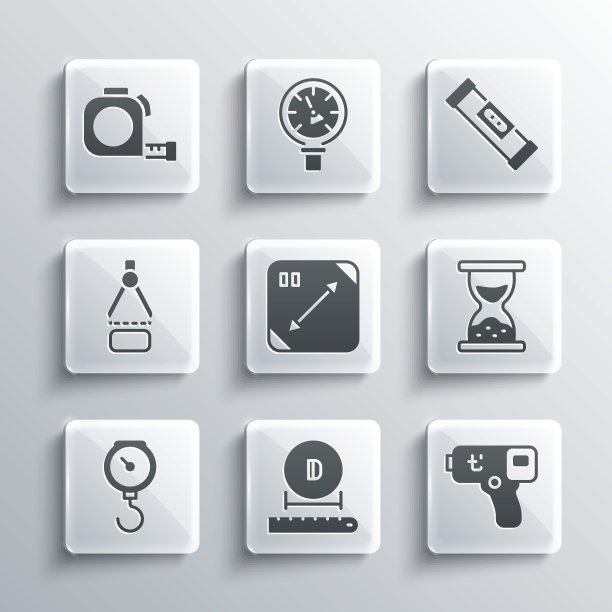 集直径，数字温度计，旧沙漏与沙子，对角线测量，手动刻度弹簧机械，绘图指南针，轮盘赌建设和建设气泡水平图标。向量图片下载