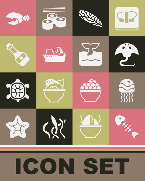 集鱼骨架，水母，黄貂鱼，牛排，渔船，酱油瓶，龙虾或蟹爪和鲸尾海浪图标。向量图片下载