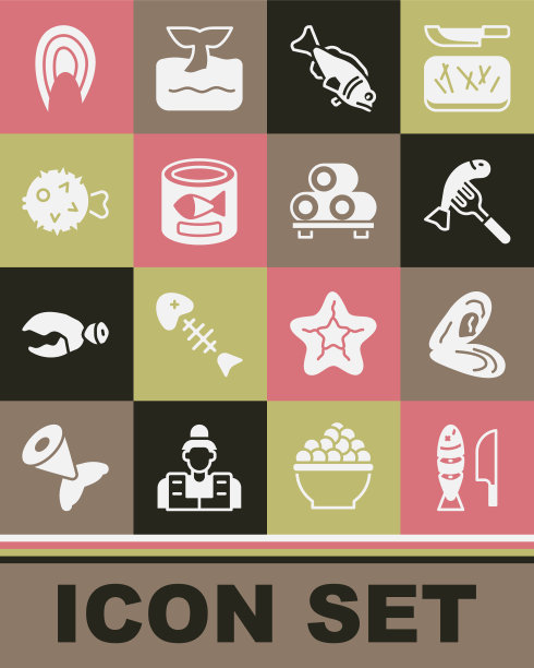 集鱼切片，贻贝，在盘子上的鱼，罐头，刺猬，牛排和寿司砧板图标。向量图片下载