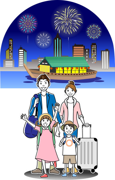 家庭游客在船屋里看烟花图片下载