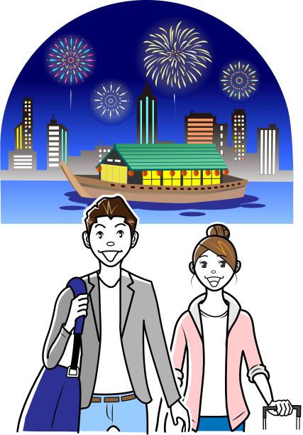 夫妇。游客在船屋里看烟花图片下载