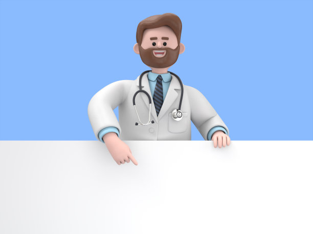 男医生艾弗森指着空白演示或信息板的3D插图。靠近肖像的可爱卡通微笑的商人与广告牌。图片下载