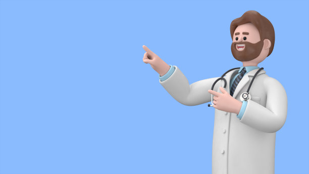 男医生艾弗森的3D插图显示你的方式，指着他的手指空的广告复制空间。最小的风格。蓝色背景的3D渲染。图片下载