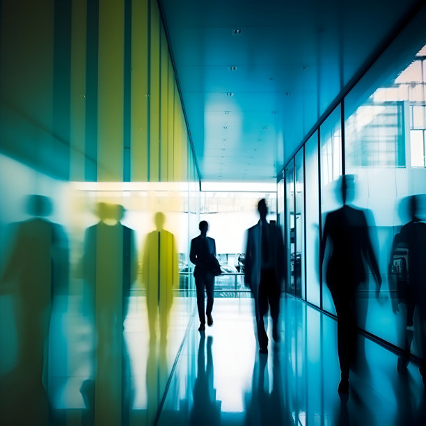 在蓝色和黄色的配色方案中，商业大楼内办公室员工的剪影融入了朦胧的模糊之中。图片下载