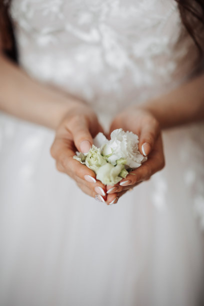 新娘温柔的手为新郎握着胸花。新娘手里拿着一朵胸花。双手交叠成心形。法国修指甲。婚礼的细节图片下载