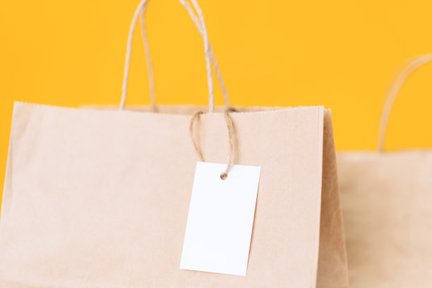牛皮纸袋与空白的白色标签对黄色背景图片下载