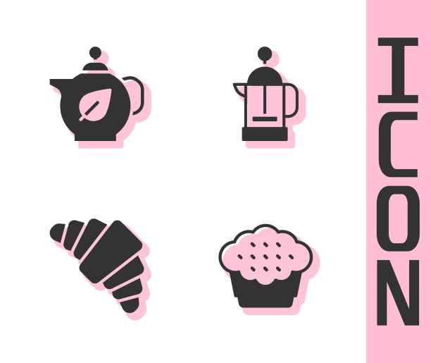 设置松饼茶壶与叶牛角面包和法国图片下载