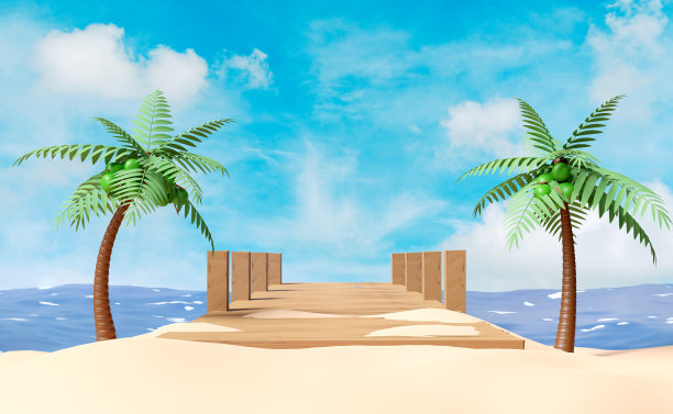 3d夏日旅行以木桥通向大海，阳光明媚的一天，棕榈树，海边沙滩，蓝天景观为背景。3d渲染图图片下载