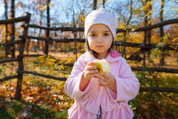 一个小女孩站在树枝围成的篱笆旁边，正在吃苹果。她在秋天的城市公园里，阳光明媚，大自然美丽。图片下载