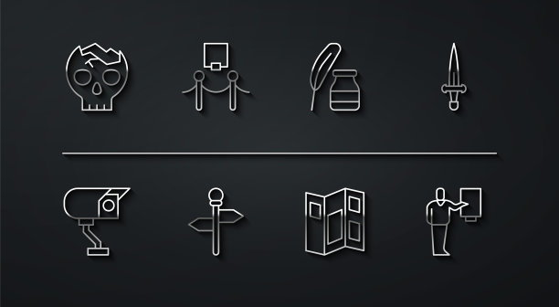 设线碎人头骨、安防摄像头、匕首、博物馆导览手册、道路交通路标、图片绳障、羽毛墨水瓶图标。向量图片下载