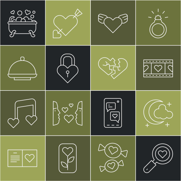 集线搜索心和爱，月亮星星，播放视频，心的翅膀，城堡的形状，覆盖托盘，浪漫的浴室和破碎或离婚的图标。向量图片下载