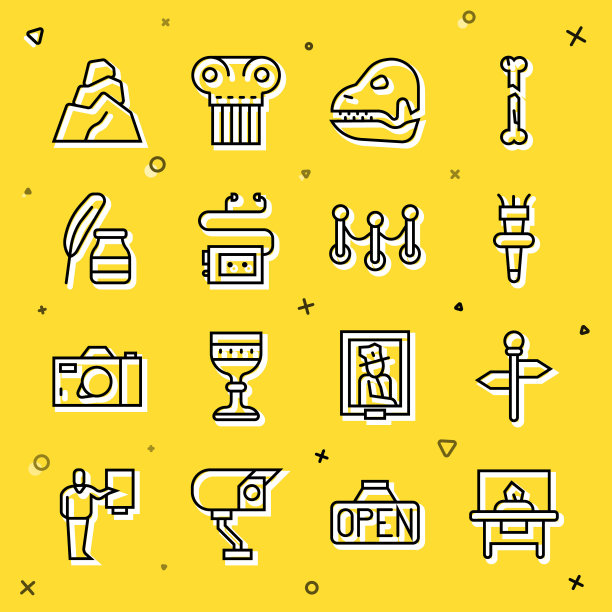 玻璃展柜，道路交通路标，火炬火焰，恐龙头骨，博物馆语音导览，羽毛和墨水瓶，石头和绳子屏障图标。向量图片下载