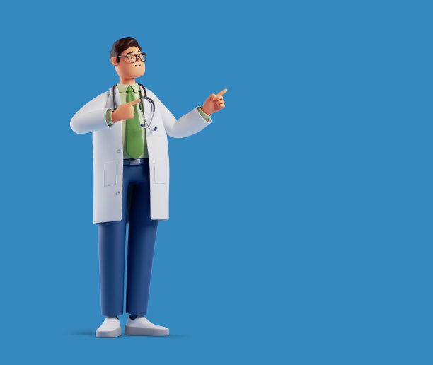 3 d渲染。全身的卡通人物，可爱的白人医生戴着眼镜，穿着白大褂，用手指指示正确的方向。在蓝色背景上隔离的医疗剪贴画。保健助理图片下载