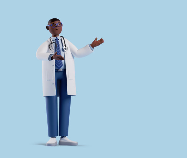 3d渲染，全身非洲卡通人物。黑色医生剪辑艺术隔离在蓝色背景。演示的概念图片下载