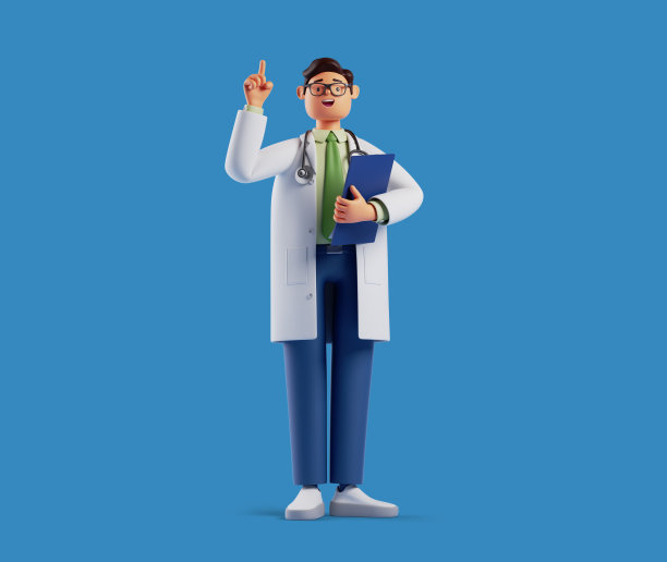 3d渲染，全高男性卡通人物。可爱的医生穿着白大褂，戴着眼镜，伸出手指，拿着蓝色的写字板。健康咨询概念。明智的选择或推荐隐喻图片下载