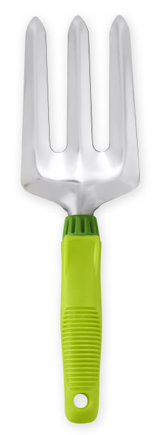 园艺工具设备。带绿色塑料柄的花园叉子，用于种植、盆栽和除草工作，覆盖和栽培植物周围的土壤。孤立的顶部视图在白色与剪辑路径图片下载