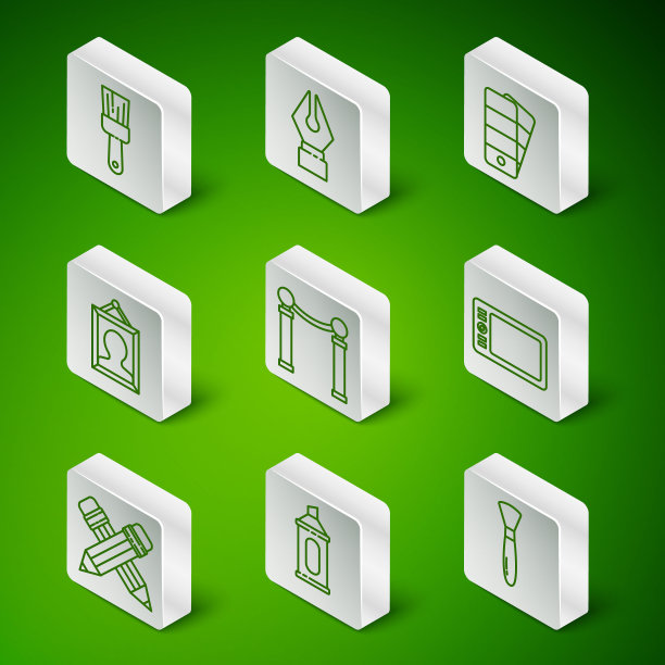 集线油漆刷，记号笔，展览画，图片，喷泉笔尖，十字铅笔与橡皮擦和图形平板图标。向量图片下载