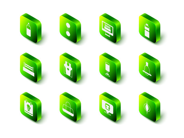 集哑铃，拳击戒指，健身震动器，沙袋，头盔和运动图标。向量图片下载