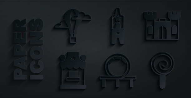 设置过山车，城堡，门票票房，棒棒糖，马戏团门票和热气球图标。向量图片下载