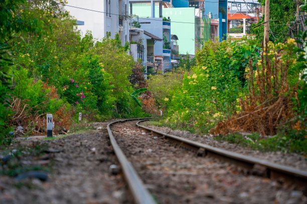 令人难以置信的火车穿过一条狭窄的街道，河内老城区。库存图片图片下载