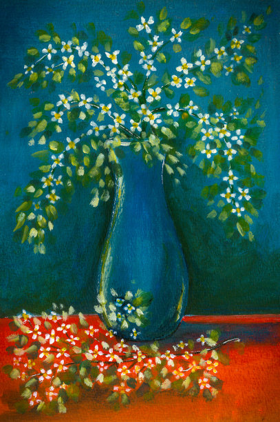 白色的花插在蓝色的花瓶里。静物丙烯画。图片下载