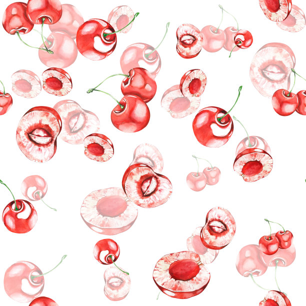 一套樱桃水彩画。鲜嫩多汁的樱桃浆果，有花有叶。设计图片下载
