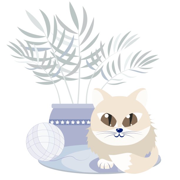 一个羊毛球和一只猫，旁边是花盆里的花。图片下载