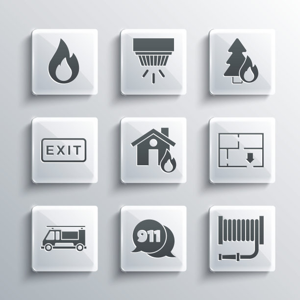 拨打911、消防水带卷盘、燃烧房屋中的疏散计划、卡车、出口、火焰和燃烧森林树木图标矢量图片下载