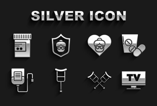 集拐杖或拐杖，药片药片，智能电视，静脉输液袋，祖母，瓶药丸和图标。向量图片下载