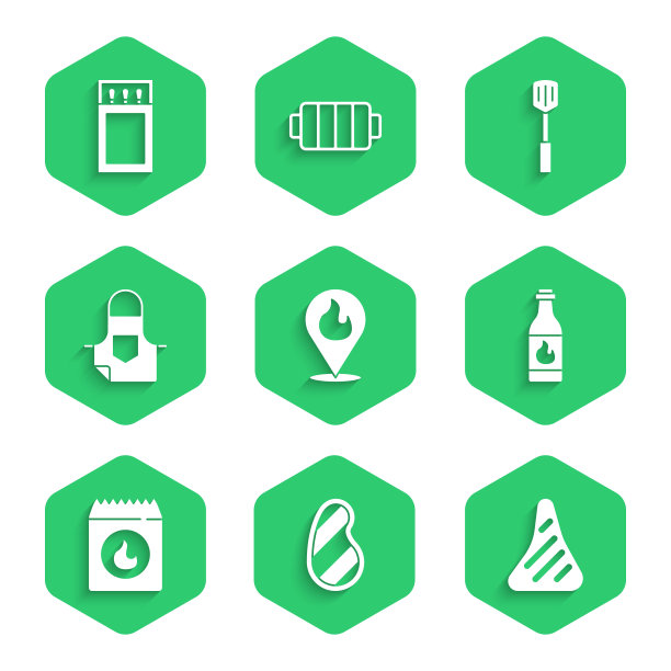 设置位置与火焰，牛排肉，塔巴斯科酱，烧烤煤袋，厨房围裙，锅铲和火柴盒和火柴图标。向量图片下载