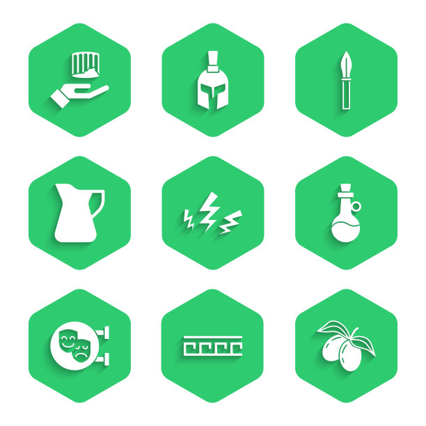 集宙斯，古希腊图案，橄榄枝，一瓶橄榄油，喜剧和悲剧面具，中世纪的矛和柱图标。向量图片下载