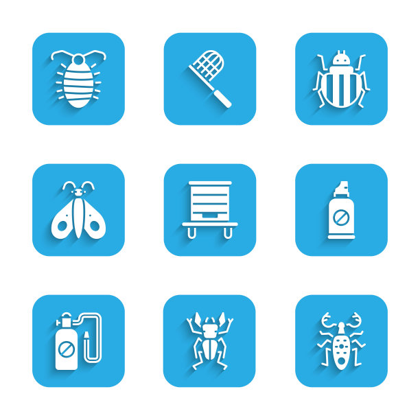 设置蜂箱蜜蜂，甲虫鹿，喷雾对抗昆虫，压力喷雾器，蝴蝶，科罗拉多甲虫和幼虫图标。向量图片下载