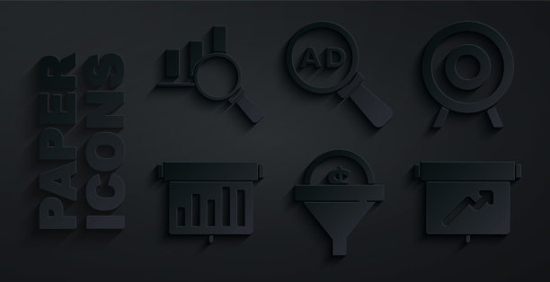 设置领导管理，目标运动，板与图表，广告和放大镜和分析图标。向量图片下载