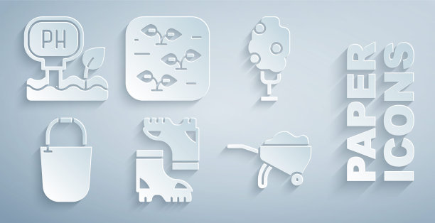 集防水橡胶靴，树与苹果，桶，手推车污垢，植物和土壤ph值测试图标。向量图片下载